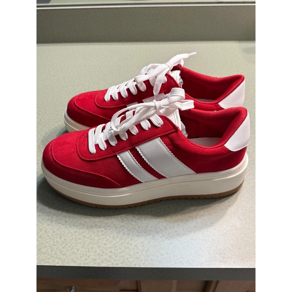 Madden Girl Red Platform Sneakers‎ White Stripe Lace Up Size 8.5 B12B